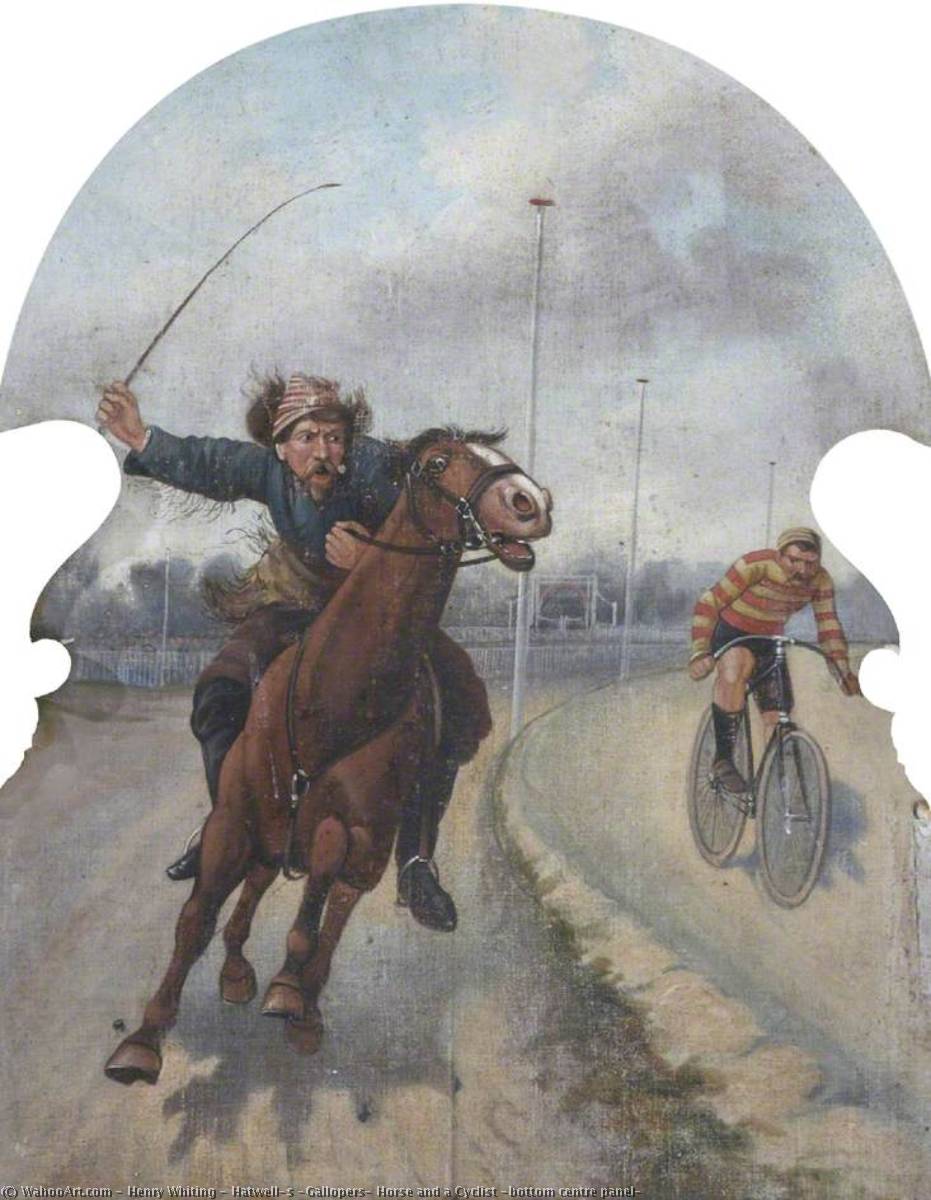 Wikioo.org - The Encyclopedia of Fine Arts - Painting, Artwork by Henry Whiting - Hatwell's 'Gallopers' Horse and a Cyclist (bottom centre panel)
