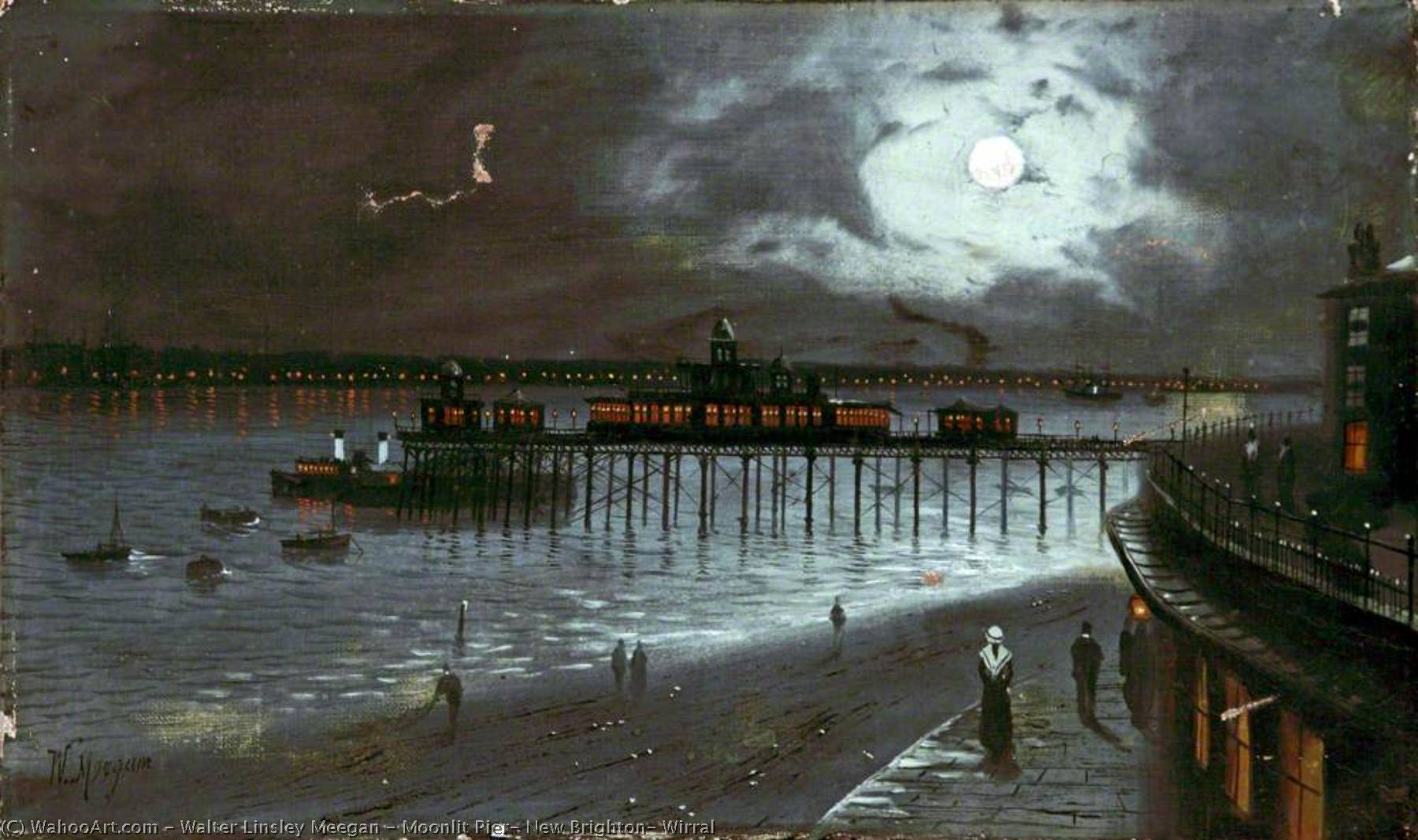 Wikioo.org - The Encyclopedia of Fine Arts - Painting, Artwork by Walter Linsley Meegan - Moonlit Pier, New Brighton, Wirral