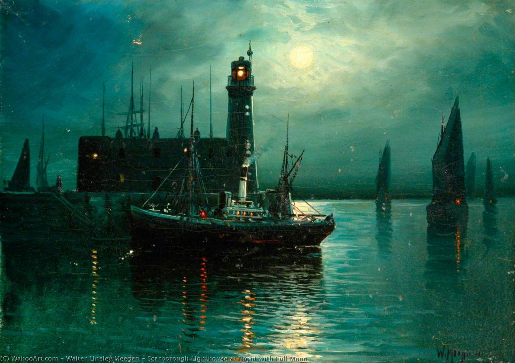 Wikioo.org - The Encyclopedia of Fine Arts - Painting, Artwork by Walter Linsley Meegan - Scarborough Lighthouse at Night with Full Moon