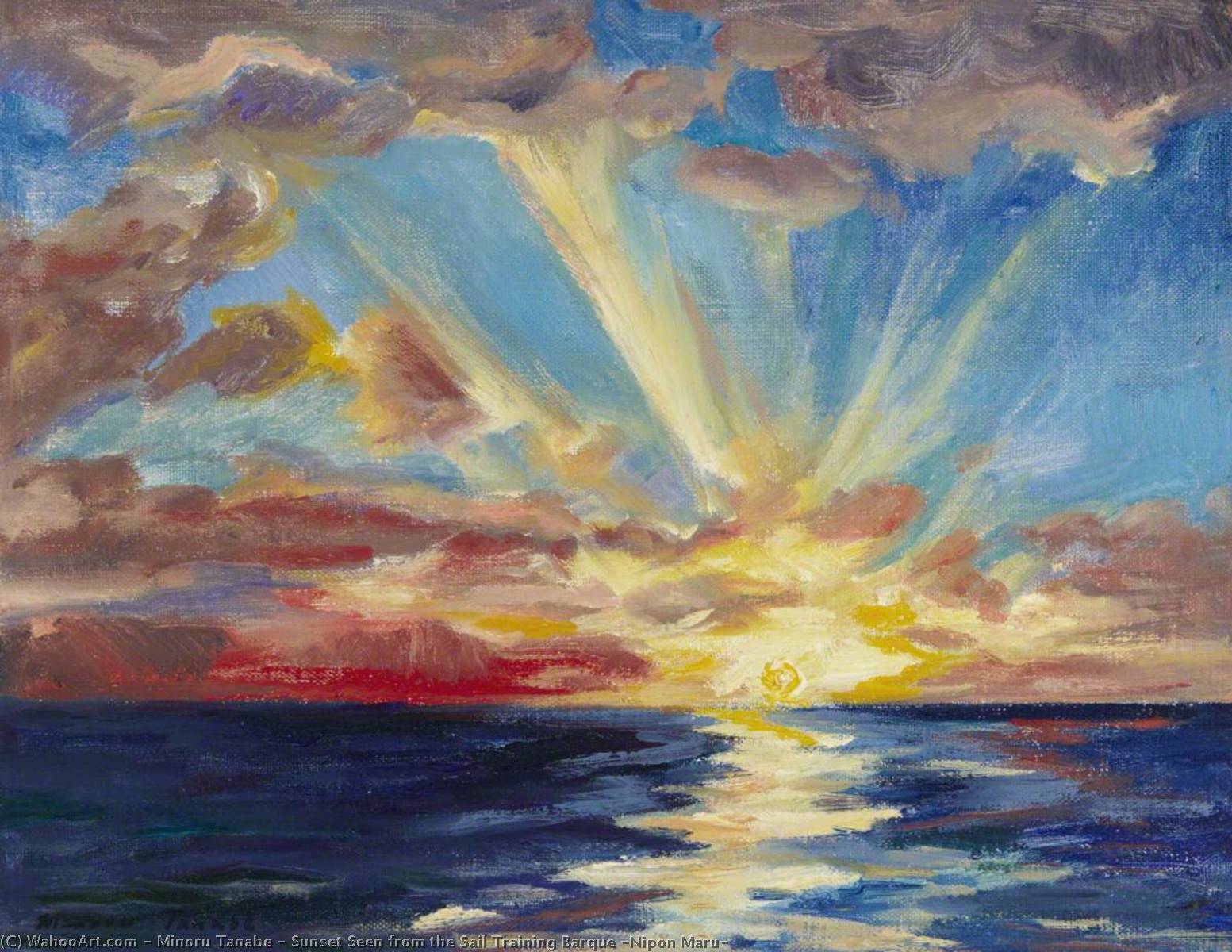 Wikioo.org - The Encyclopedia of Fine Arts - Painting, Artwork by Minoru Tanabe - Sunset Seen from the Sail Training Barque 'Nipon Maru'