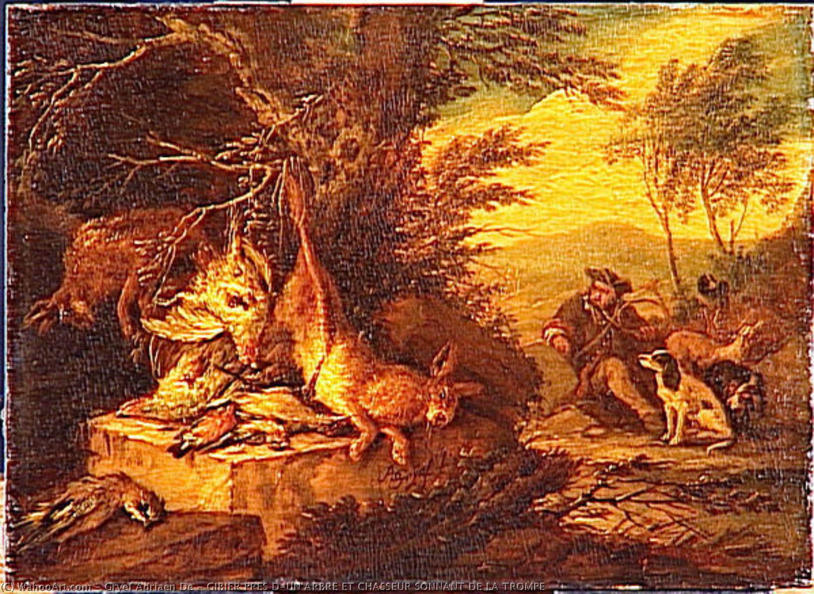 Wikioo.org - The Encyclopedia of Fine Arts - Painting, Artwork by Adriaen De Gryef - GIBIER PRES D'UN ARBRE ET CHASSEUR SONNANT DE LA TROMPE