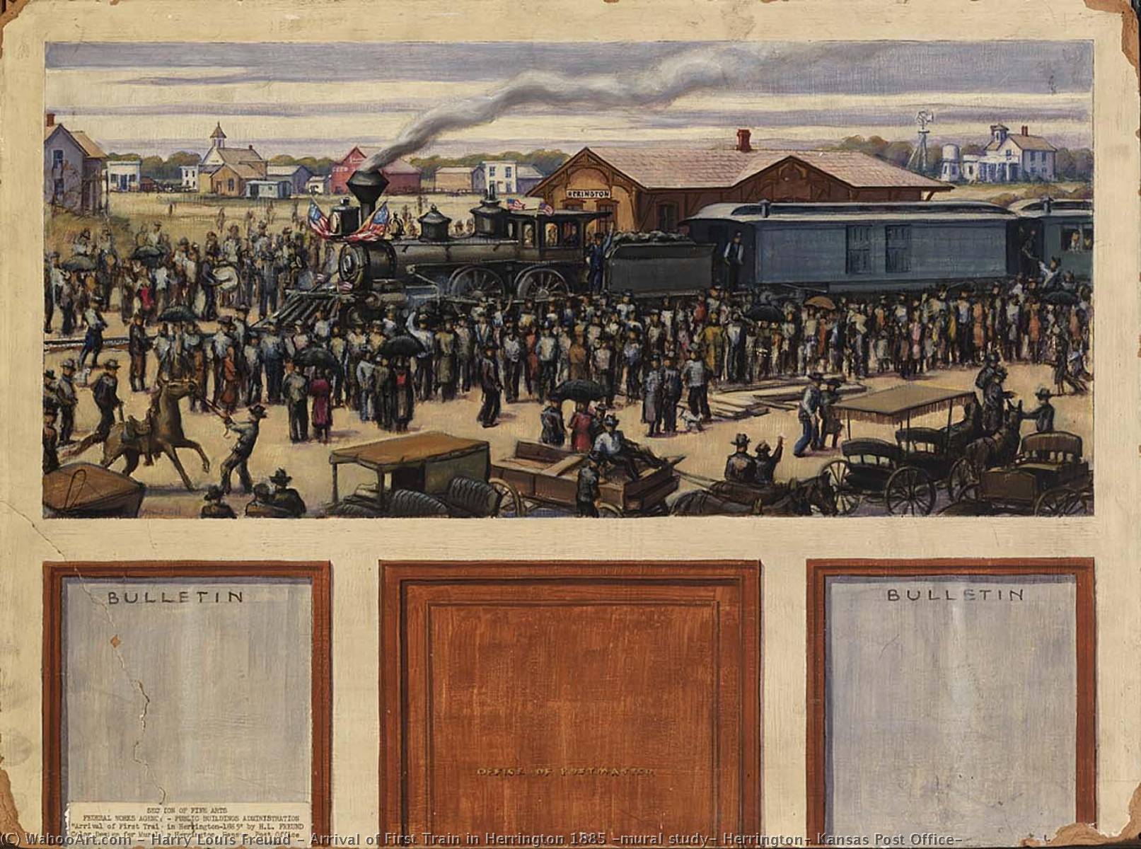 Wikioo.org - The Encyclopedia of Fine Arts - Painting, Artwork by Harry Louis Freund - Arrival of First Train in Herrington 1885 (mural study, Herrington, Kansas Post Office)