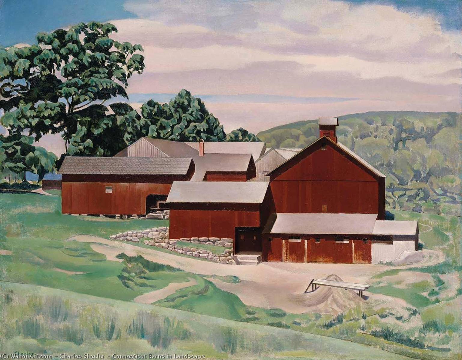 Wikioo.org - The Encyclopedia of Fine Arts - Painting, Artwork by Charles Rettew Sheeler Junior - Connecticut Barns in Landscape