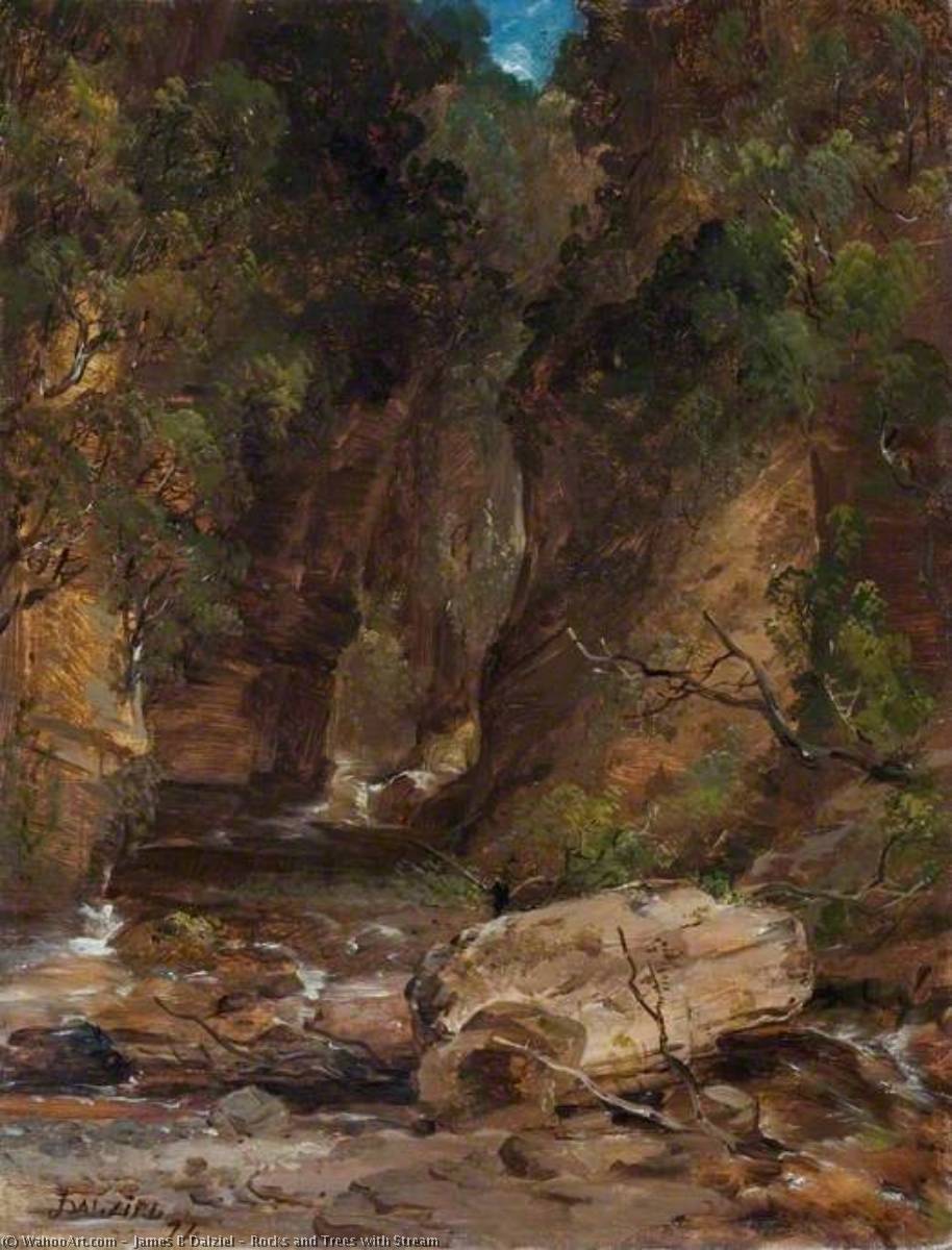 Wikioo.org - The Encyclopedia of Fine Arts - Painting, Artwork by James B Dalziel - Rocks and Trees with Stream