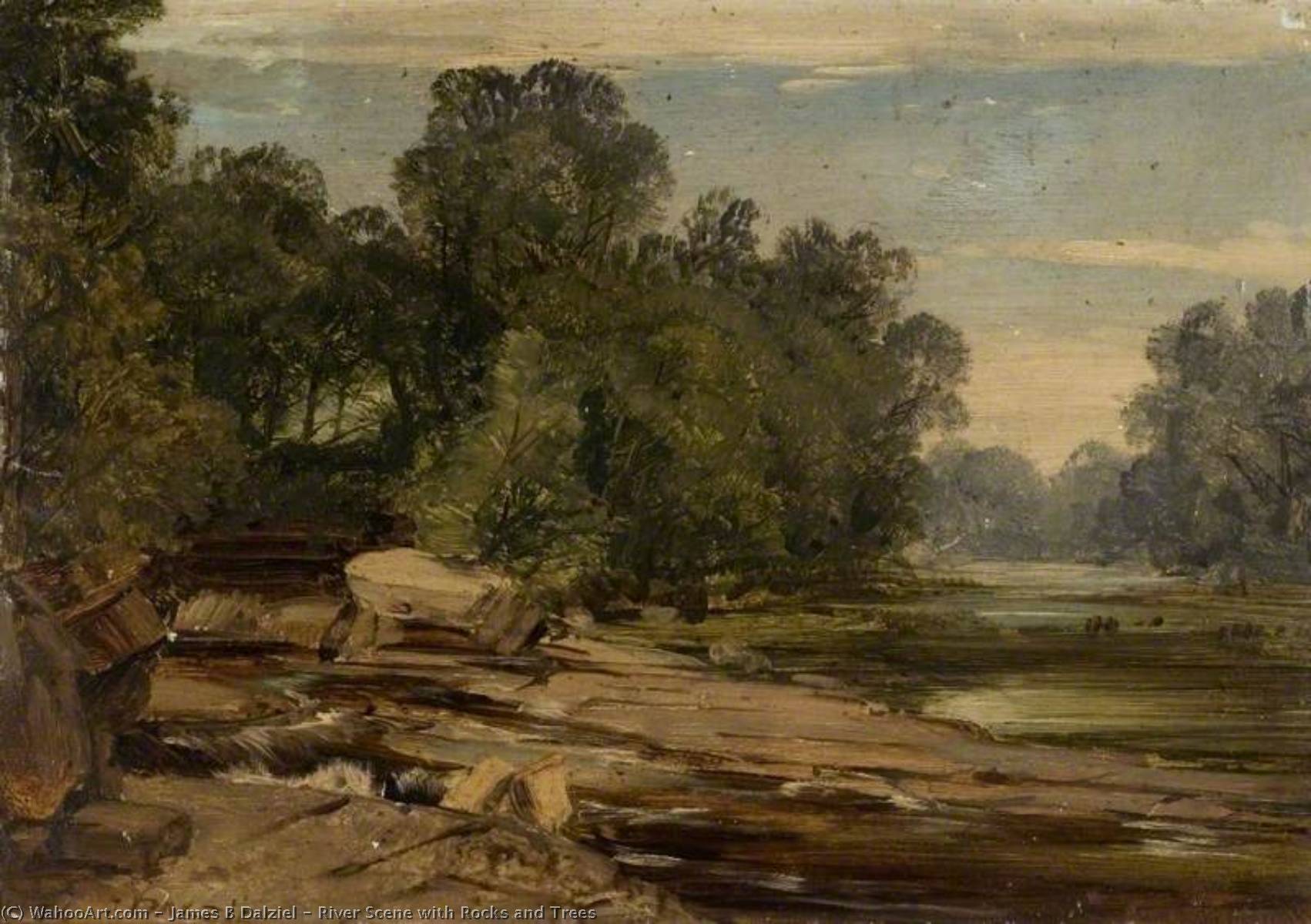 Wikioo.org - The Encyclopedia of Fine Arts - Painting, Artwork by James B Dalziel - River Scene with Rocks and Trees