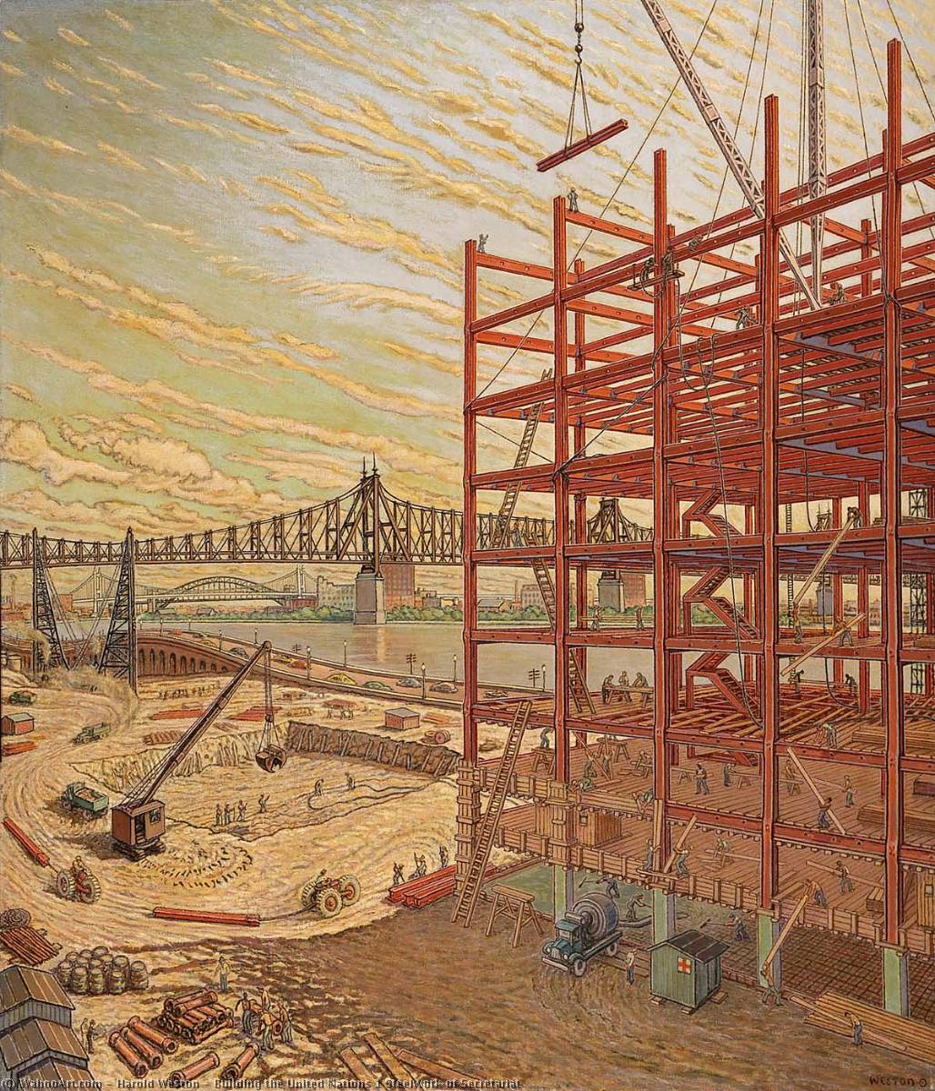 Wikioo.org - The Encyclopedia of Fine Arts - Painting, Artwork by Harold Weston - Building the United Nations 1 Steelwork of Secretariat
