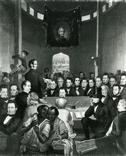 Wikioo.org - The Encyclopedia of Fine Arts - Painting, Artwork by Frederick E Cohen - Meeting of the Michigan State Agricultural Society Reading the List of Premiums at the First State Fair, Detroit 1849, (painting)