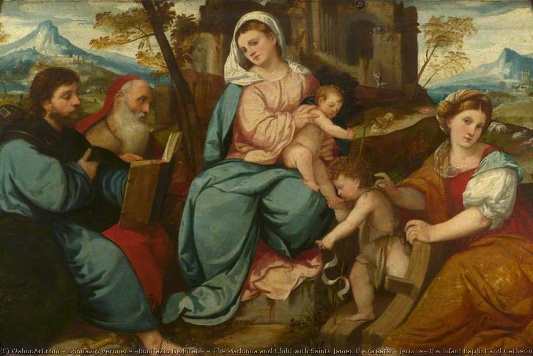 Wikioo.org - The Encyclopedia of Fine Arts - Painting, Artwork by Bonifazio Veronese (Bonifazio De Pitati) - The Madonna and Child with Saints James the Greater, Jerome, the Infant Baptist and Catherine of Alexandria