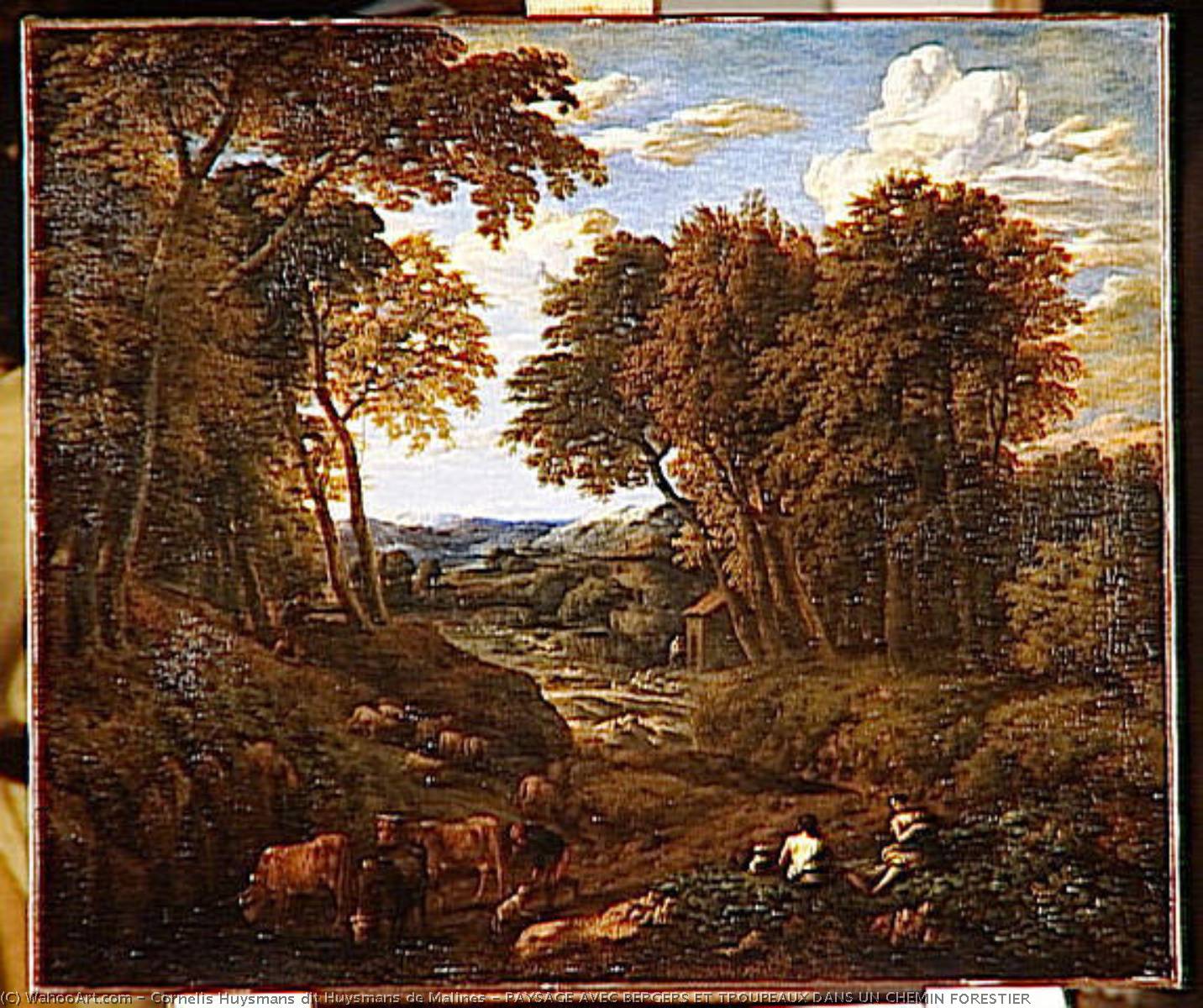 Wikioo.org - The Encyclopedia of Fine Arts - Painting, Artwork by Cornelis Huysmans Dit Huysmans De Malines - PAYSAGE AVEC BERGERS ET TROUPEAUX DANS UN CHEMIN FORESTIER