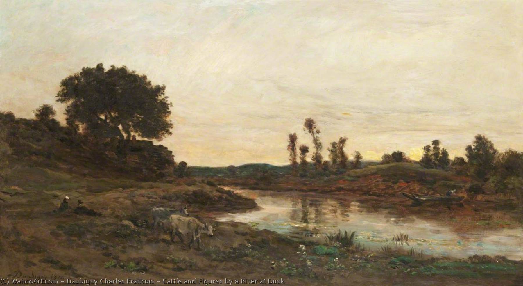 Wikioo.org - The Encyclopedia of Fine Arts - Painting, Artwork by Charles François Daubigny - Cattle and Figures by a River at Dusk