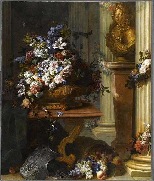 Wikioo.org – L'Encyclopédie des Beaux Arts - Peinture, Oeuvre de Blain De Fontenay Jean-Baptiste Le Père - Solidor d'or , fleurs et buste de louis XIV