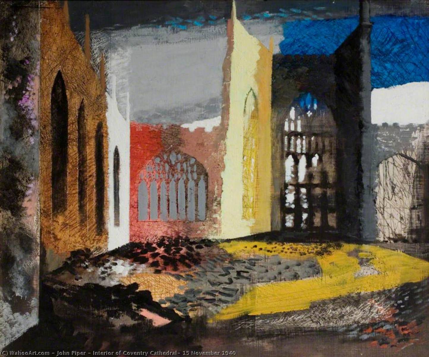 Wikioo.org - The Encyclopedia of Fine Arts - Painting, Artwork by John Piper - Interior of Coventry Cathedral, 15 November 1940