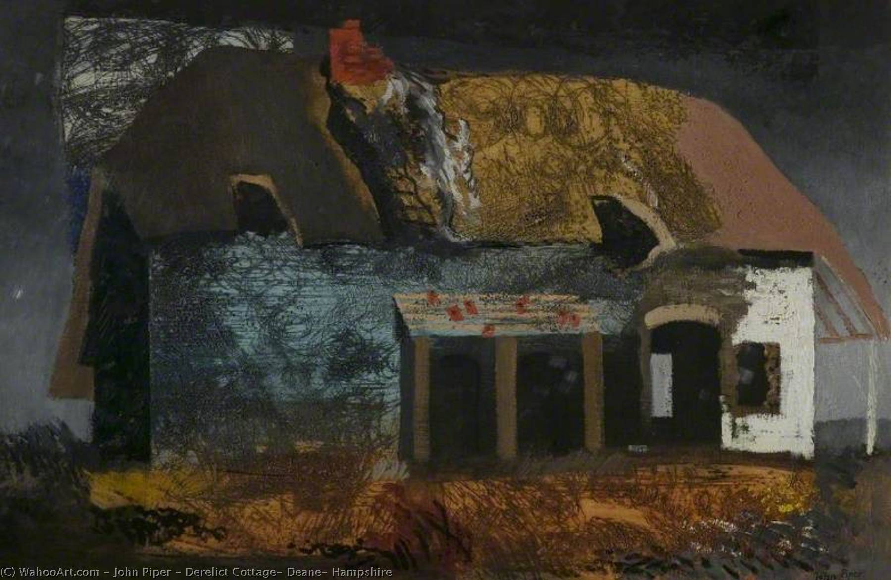 Wikioo.org - The Encyclopedia of Fine Arts - Painting, Artwork by John Piper - Derelict Cottage, Deane, Hampshire