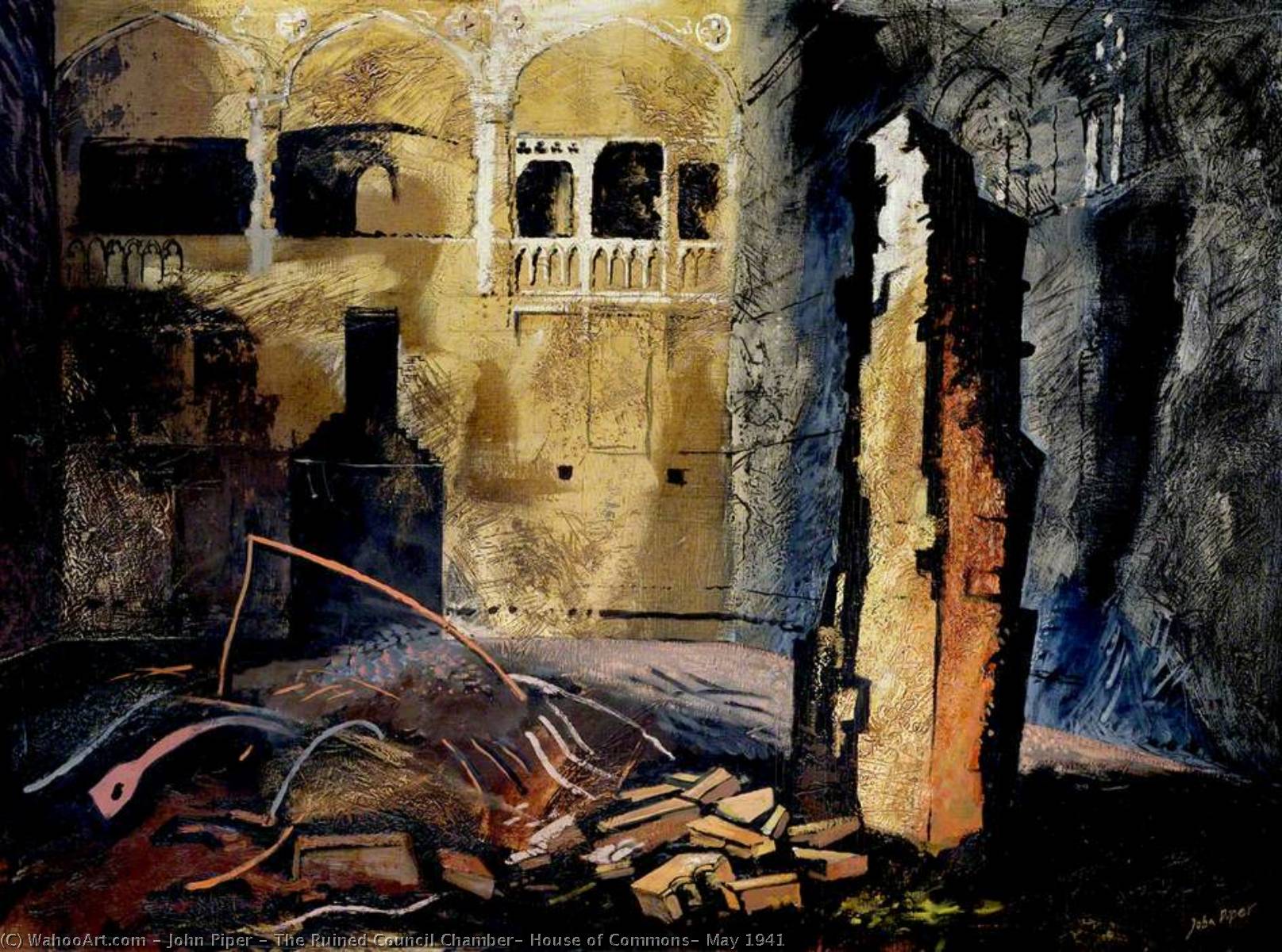 Wikioo.org - The Encyclopedia of Fine Arts - Painting, Artwork by John Piper - The Ruined Council Chamber, House of Commons, May 1941