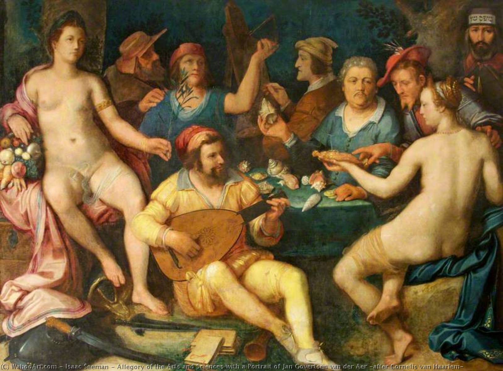 Wikioo.org - The Encyclopedia of Fine Arts - Painting, Artwork by Isaac Seeman - Allegory of the Arts and Sciences with a Portrait of Jan Govertsen van der Aer (after Cornelis van Haarlem)