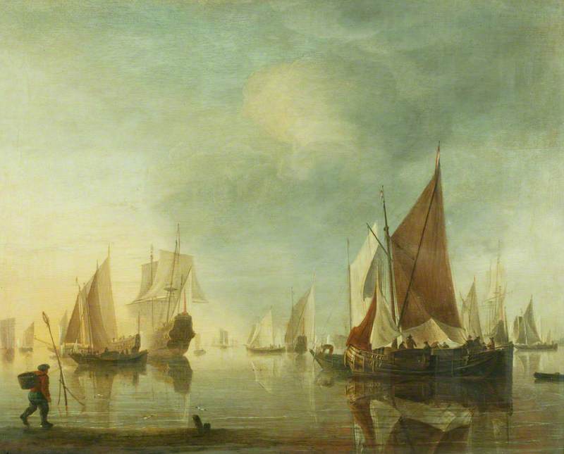Wikioo.org - The Encyclopedia of Fine Arts - Painting, Artwork by Hendrik Jakobsz Dubbels - Shipping at Anchor off the Shore in a Calm Sea