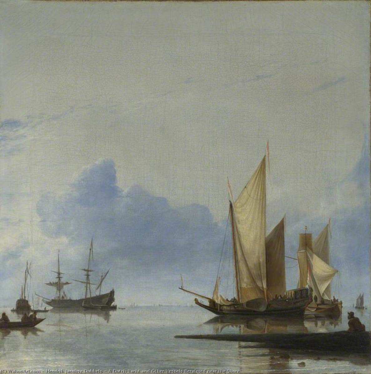 Wikioo.org - The Encyclopedia of Fine Arts - Painting, Artwork by Hendrik Jakobsz Dubbels - A Dutch Yacht and Other Vessels Becalmed near the Shore