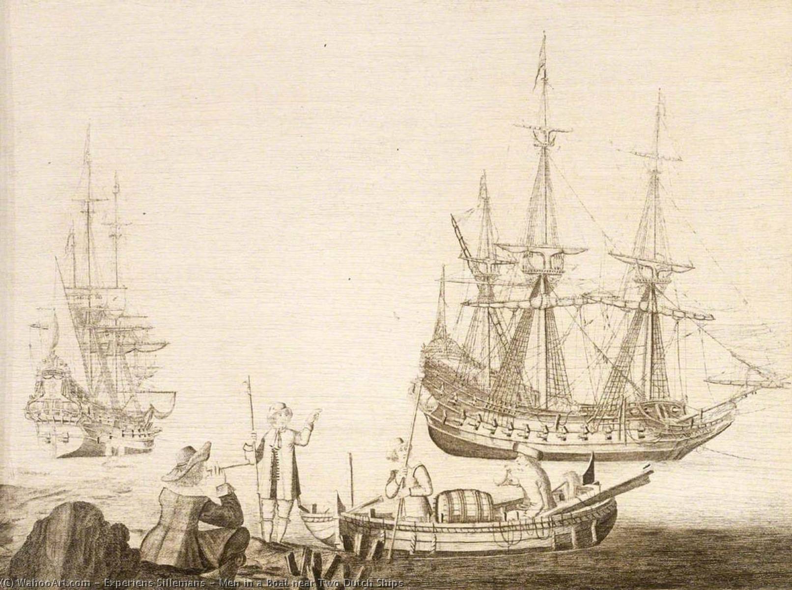 WikiOO.org - Encyclopedia of Fine Arts - Lukisan, Artwork Experiens Sillemans - Men in a Boat near Two Dutch Ships