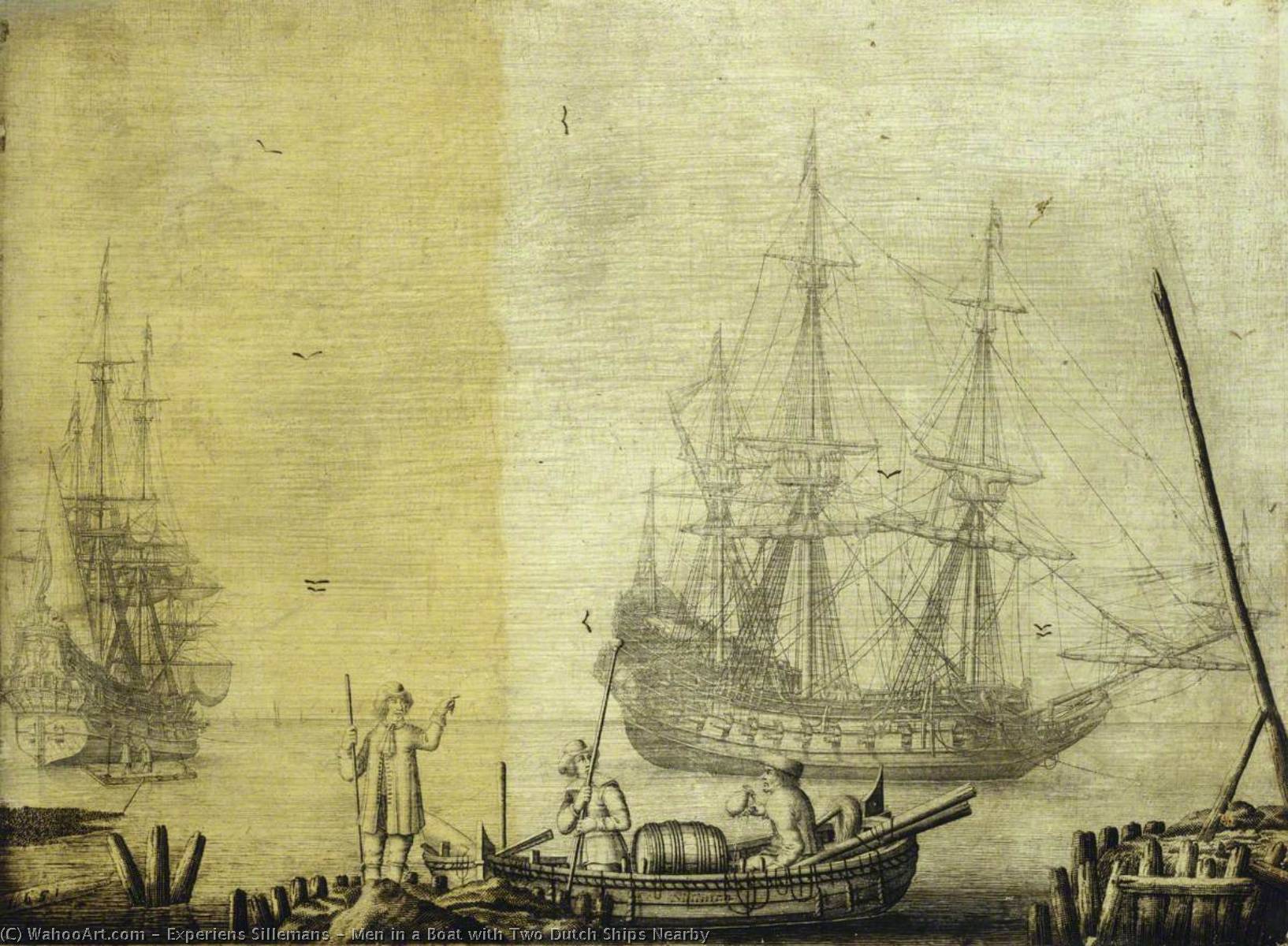 WikiOO.org - Encyclopedia of Fine Arts - Lukisan, Artwork Experiens Sillemans - Men in a Boat with Two Dutch Ships Nearby