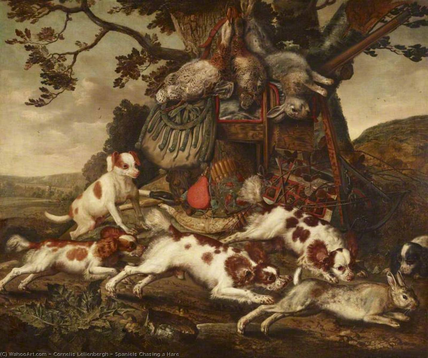 Wikioo.org - The Encyclopedia of Fine Arts - Painting, Artwork by Cornelis Van Lelienbergh - Spaniels Chasing a Hare