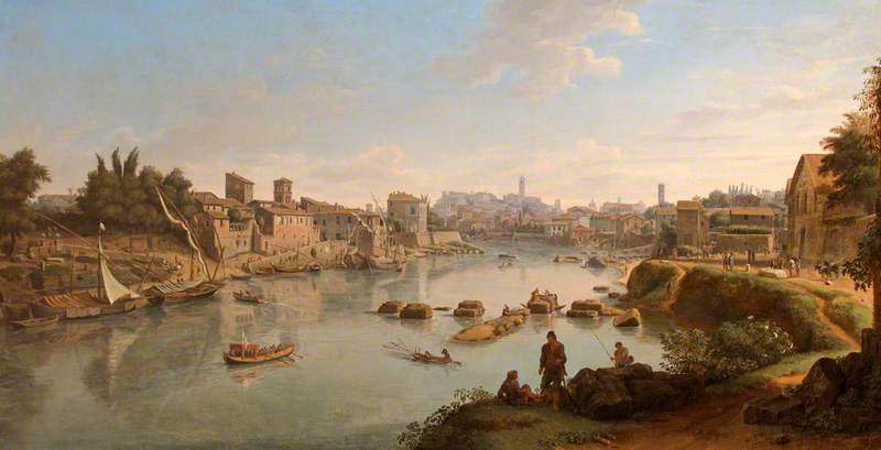 Wikioo.org - The Encyclopedia of Fine Arts - Painting, Artwork by Gaspare Vanvitelli - View up the Tiber from the Via Marmorata, Rome