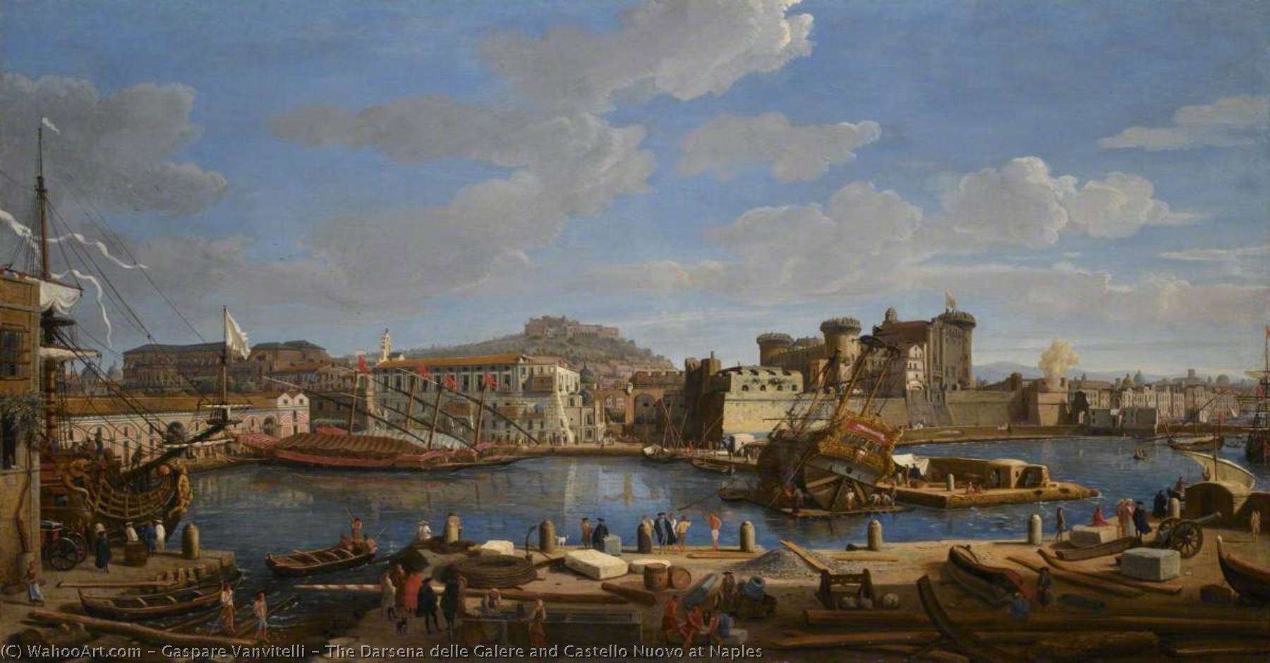 Wikioo.org - The Encyclopedia of Fine Arts - Painting, Artwork by Gaspare Vanvitelli - The Darsena delle Galere and Castello Nuovo at Naples