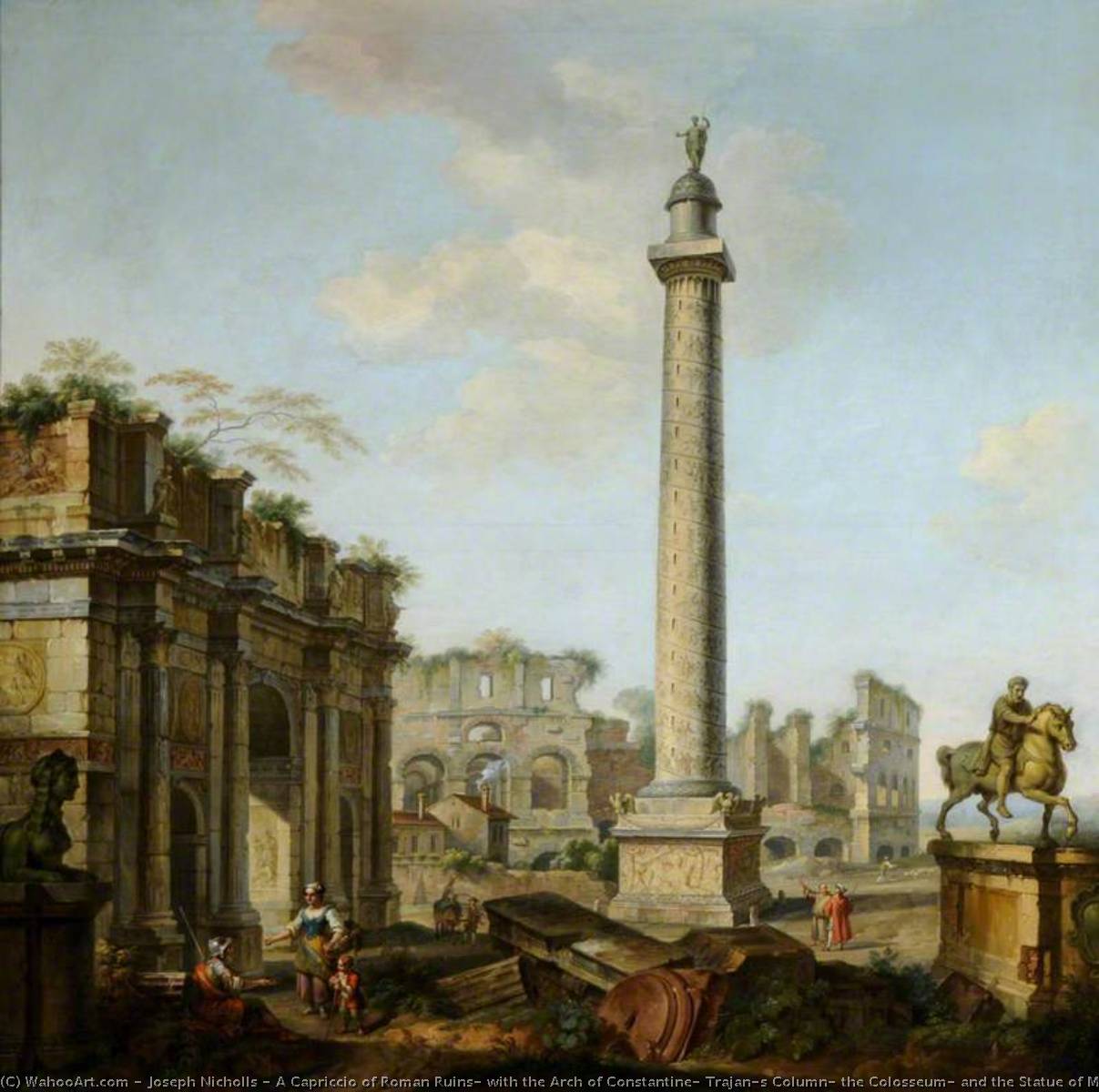 Wikioo.org - The Encyclopedia of Fine Arts - Painting, Artwork by Joseph Nicholls - A Capriccio of Roman Ruins, with the Arch of Constantine, Trajan’s Column, the Colosseum, and the Statue of Marcus Aurelius