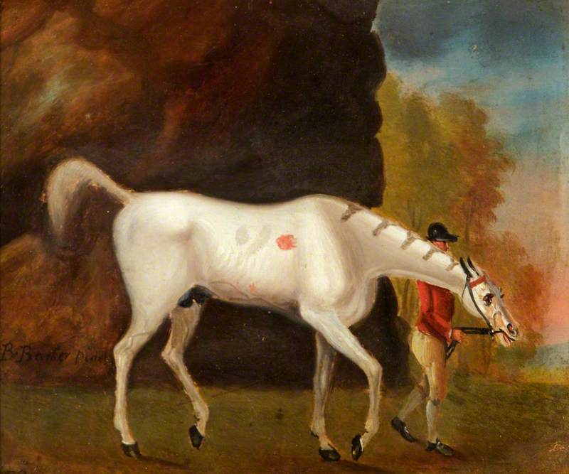 Wikioo.org - The Encyclopedia of Fine Arts - Painting, Artwork by Benjamin Barker I - A Jockey in a Red Jacket Leading a Grey Horse