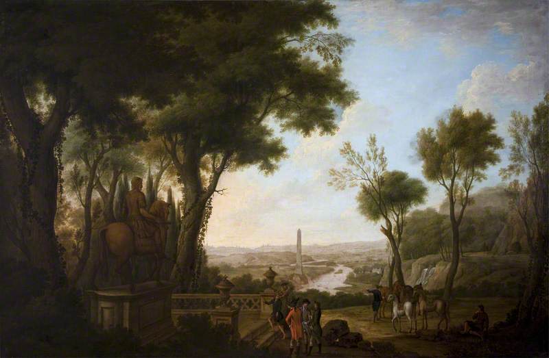 Wikioo.org - The Encyclopedia of Fine Arts - Painting, Artwork by Thomas Mitchell - A View of the River Boyne with Gentlemen and Horses by a Statue to William III in the Foreground, the Boyne Obelisk Beyond