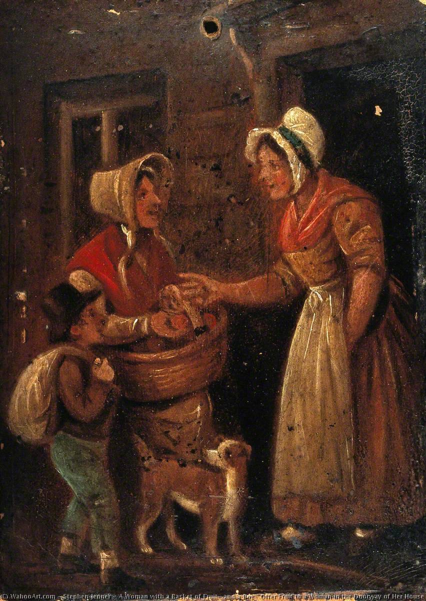 Wikioo.org - The Encyclopedia of Fine Arts - Painting, Artwork by Stephen Jenner - A Woman with a Basket of Fruit, and a Boy, Offer Fruit to a Woman in the Doorway of Her House