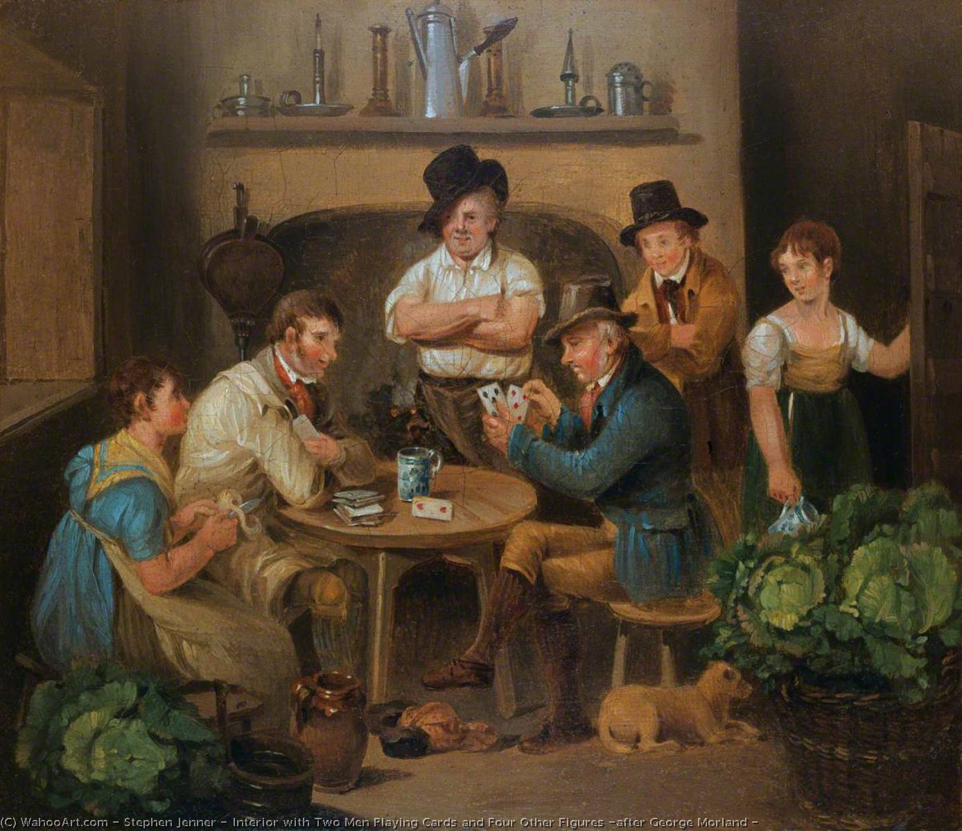 WikiOO.org - Enciclopédia das Belas Artes - Pintura, Arte por Stephen Jenner - Interior with Two Men Playing Cards and Four Other Figures (after George Morland )