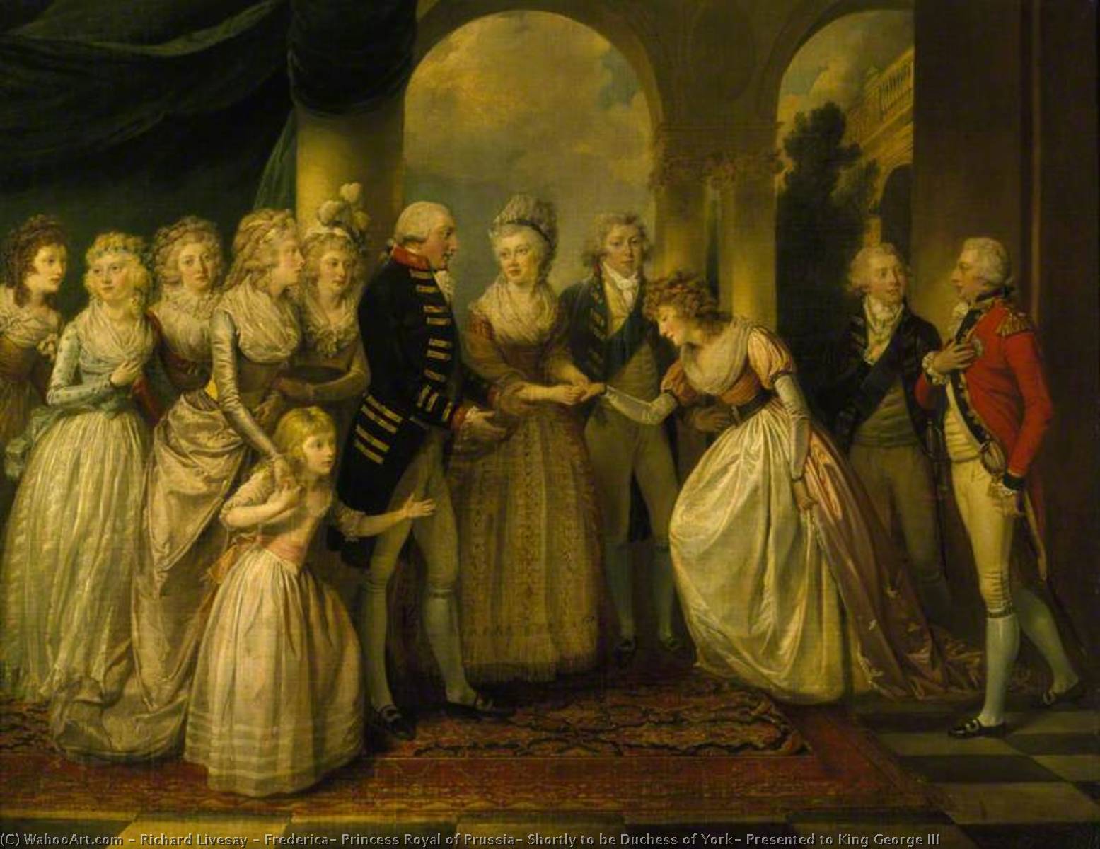 Wikioo.org - The Encyclopedia of Fine Arts - Painting, Artwork by Richard Livesay - Frederica, Princess Royal of Prussia, Shortly to be Duchess of York, Presented to King George III