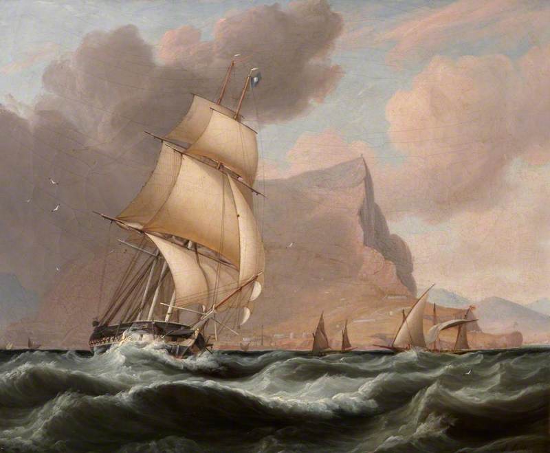 Wikioo.org – La Enciclopedia de las Bellas Artes - Pintura, Obras de arte de John Lynn - Un Fragata navegando hacia el sur desde gibraltar
