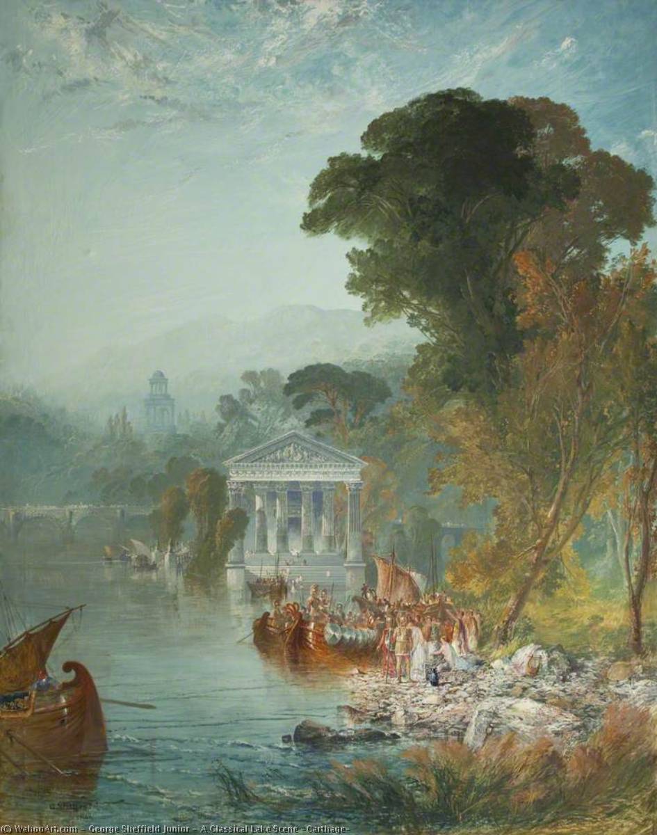 Wikioo.org - The Encyclopedia of Fine Arts - Painting, Artwork by George Sheffield Junior - A Classical Lake Scene (Carthage)