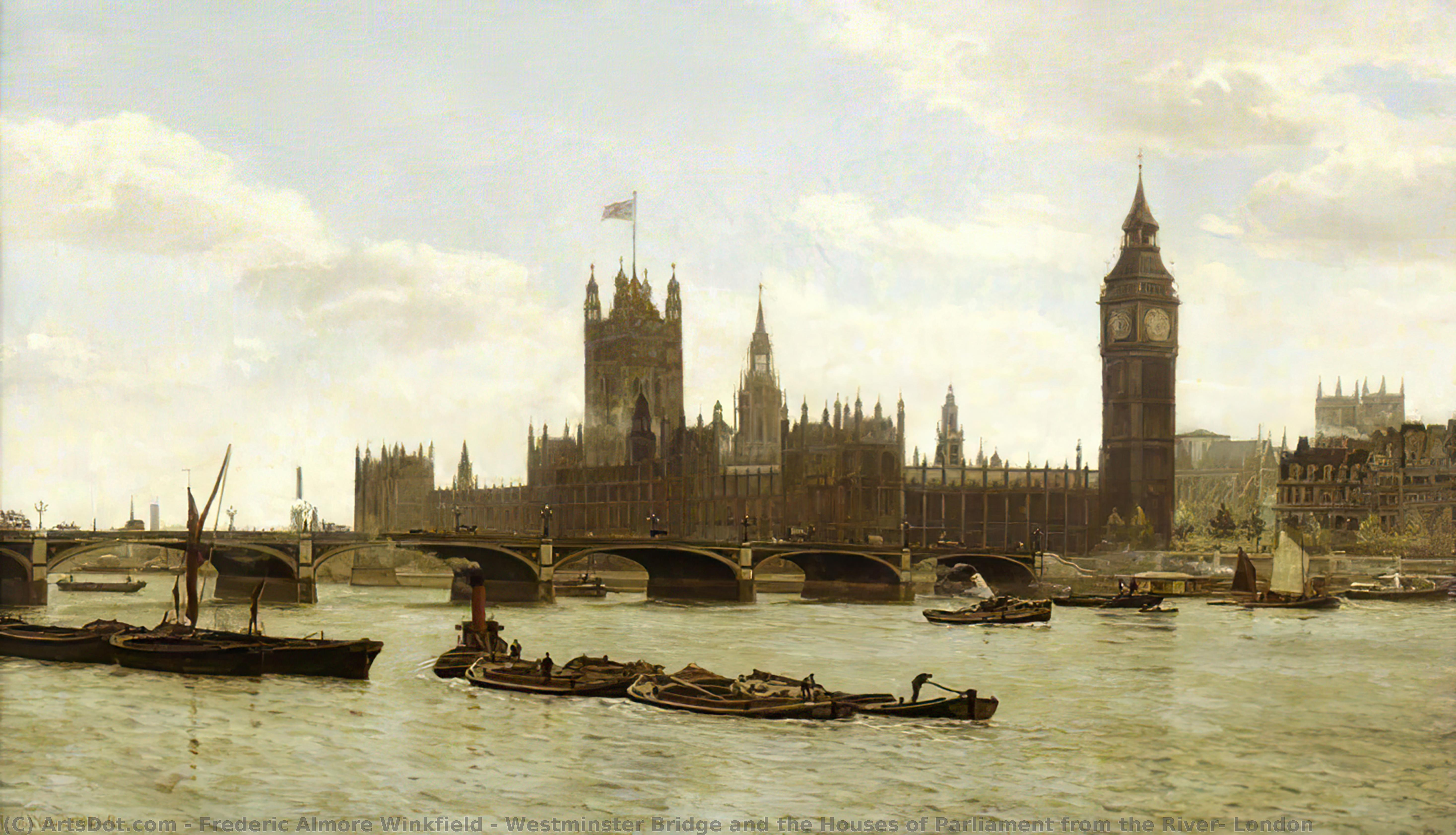Wikioo.org - The Encyclopedia of Fine Arts - Painting, Artwork by Frederic Almore Winkfield - Westminster Bridge and the Houses of Parliament from the River, London