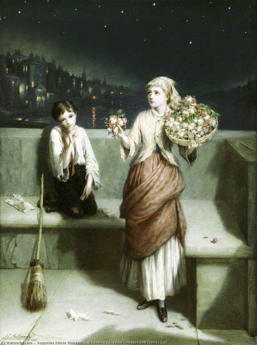 Wikioo.org - The Encyclopedia of Fine Arts - Painting, Artwork by Augustus Edwin Mulready - A London Crossing Sweeper and Flower Girl