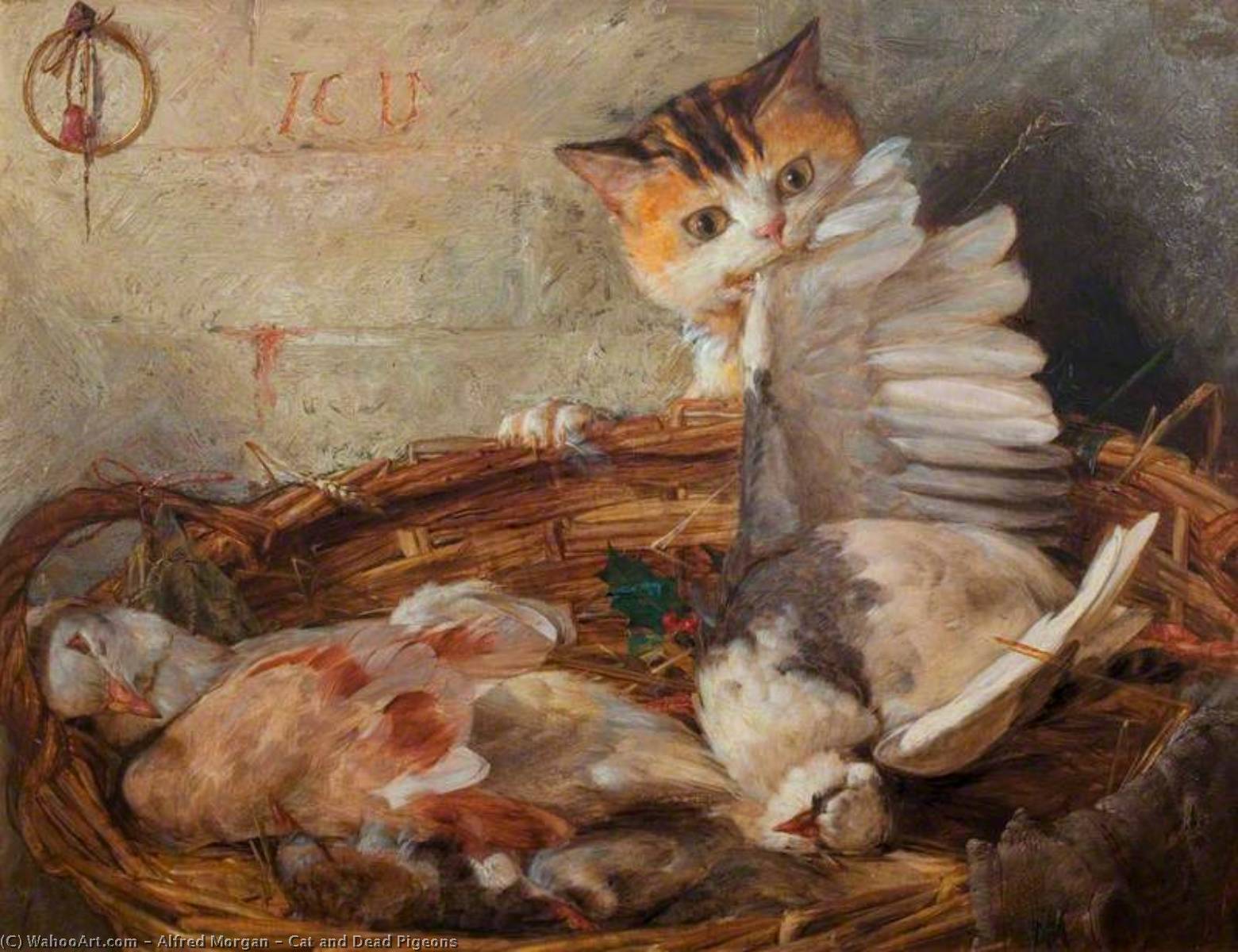 Wikioo.org - The Encyclopedia of Fine Arts - Painting, Artwork by Alfred Morgan - Cat and Dead Pigeons