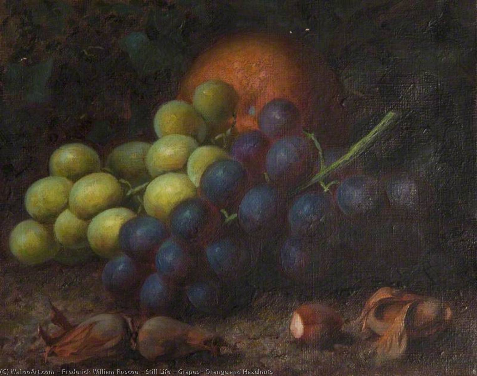 Wikioo.org - The Encyclopedia of Fine Arts - Painting, Artwork by Frederick William Roscoe - Still Life – Grapes, Orange and Hazelnuts