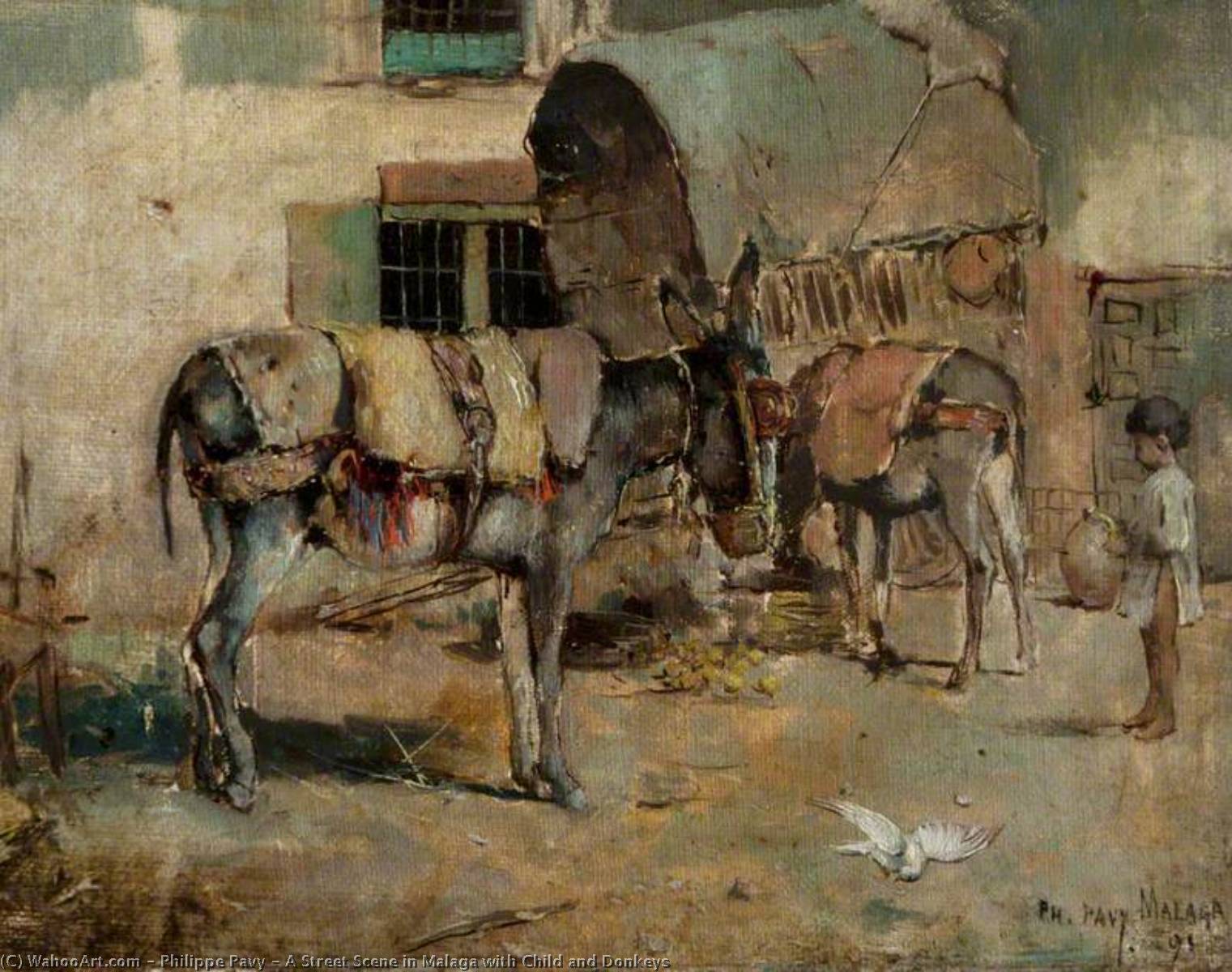 Wikioo.org - The Encyclopedia of Fine Arts - Painting, Artwork by Philippe Pavy - A Street Scene in Malaga with Child and Donkeys