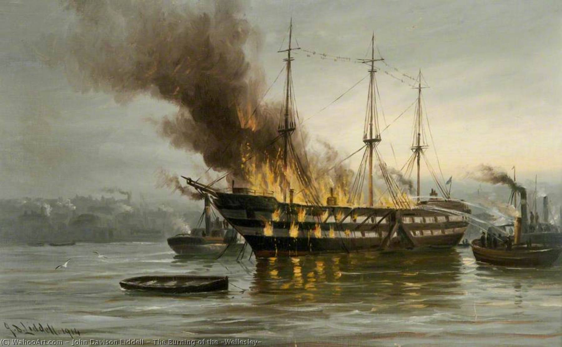 Wikioo.org - The Encyclopedia of Fine Arts - Painting, Artwork by John Davison Liddell - The Burning of the 'Wellesley'