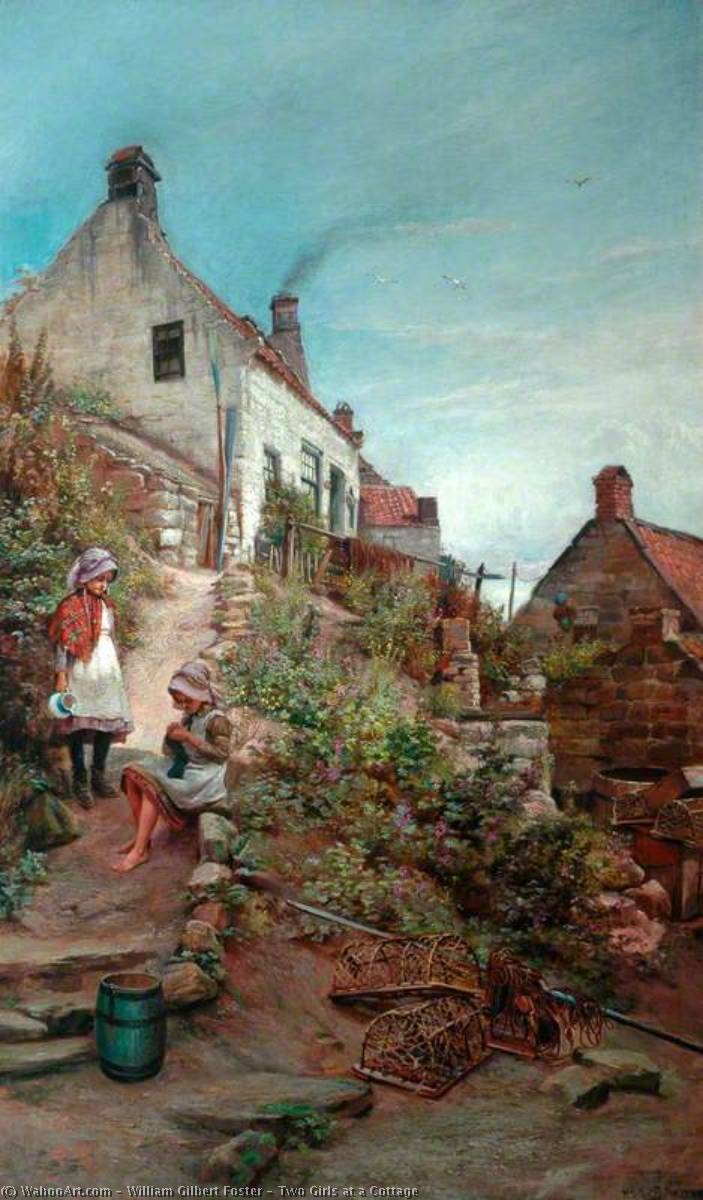 Wikioo.org - The Encyclopedia of Fine Arts - Painting, Artwork by William Gilbert Foster - Two Girls at a Cottage