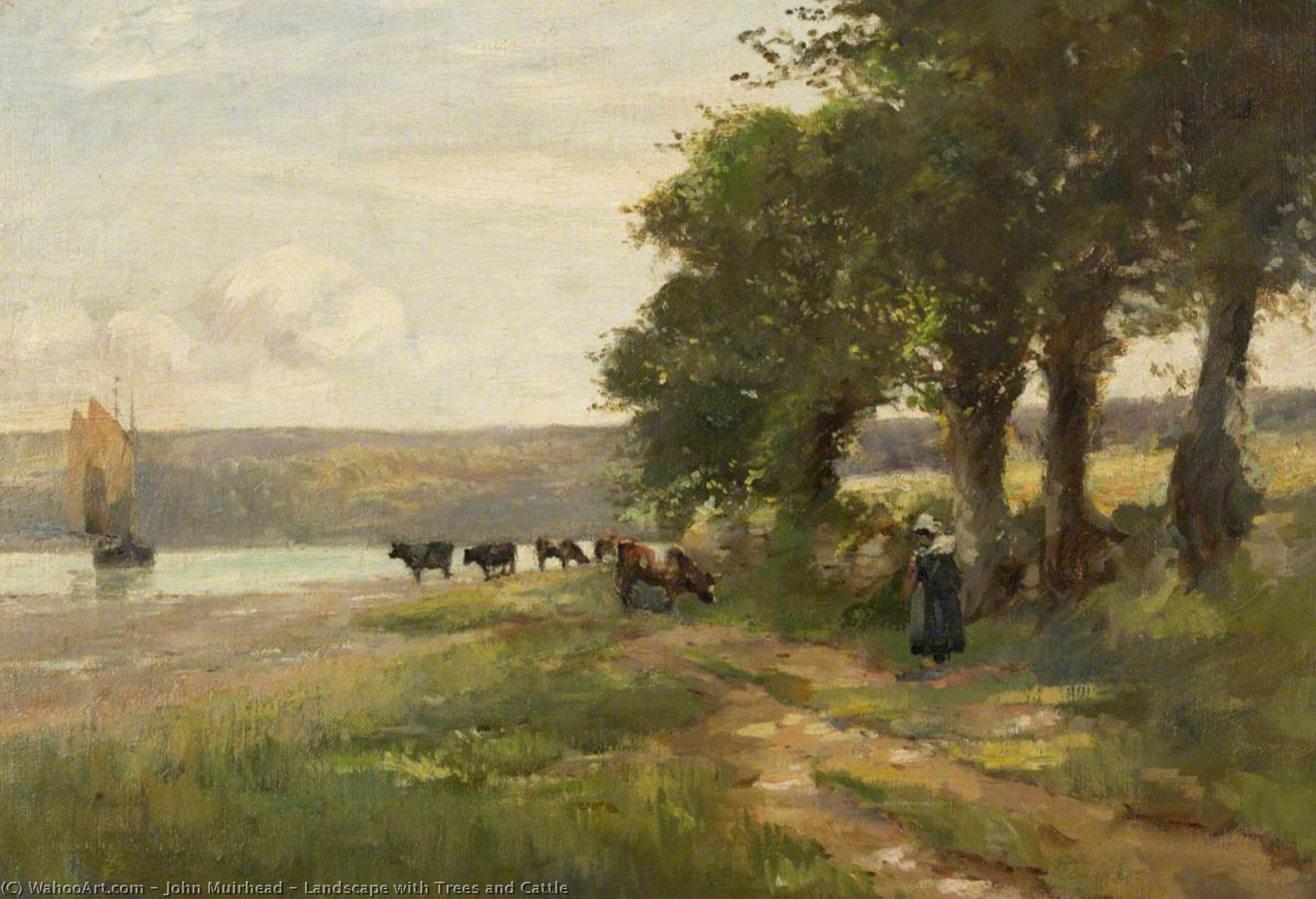 Wikioo.org - The Encyclopedia of Fine Arts - Painting, Artwork by John Muirhead - Landscape with Trees and Cattle