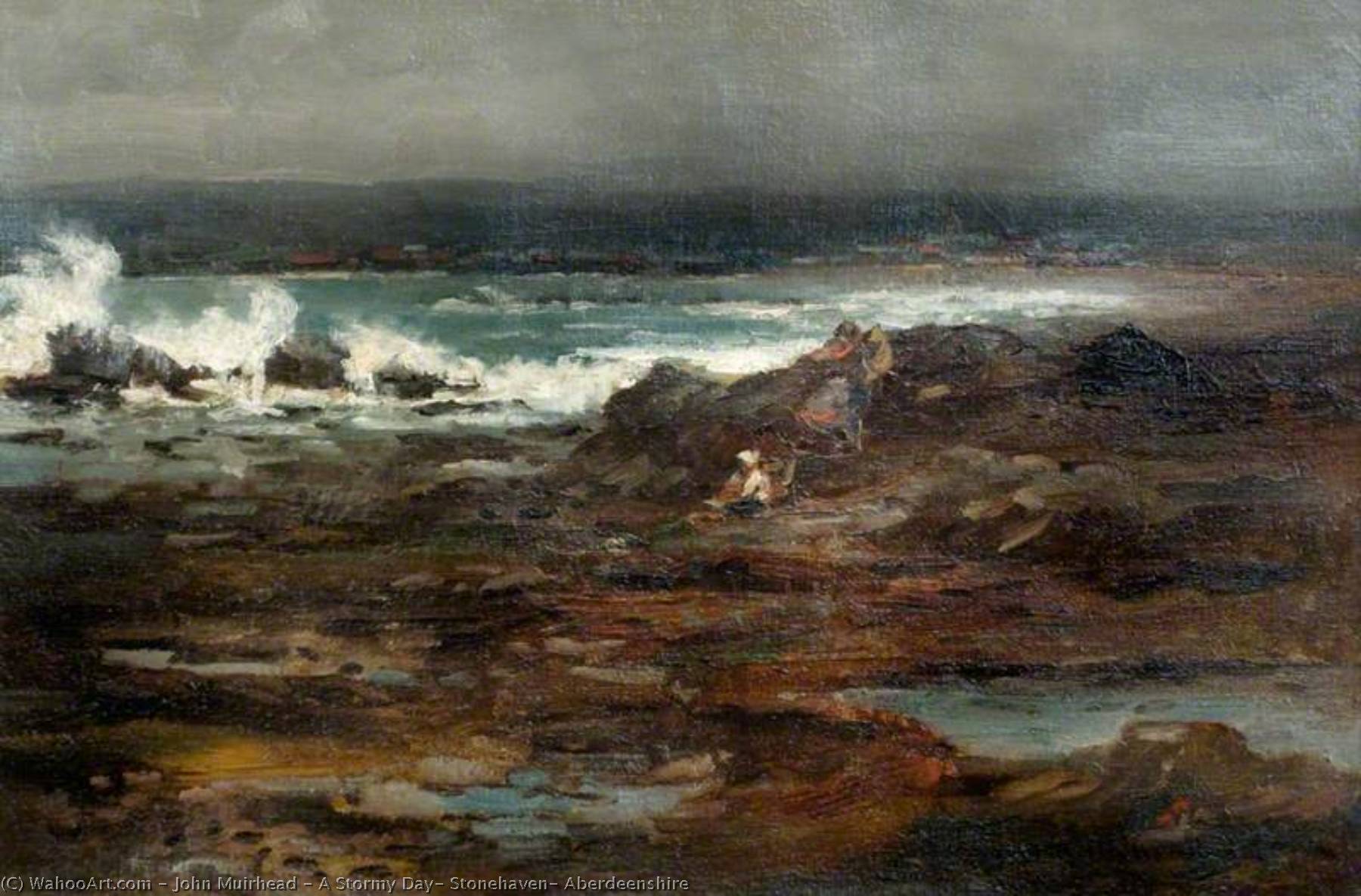 Wikioo.org - The Encyclopedia of Fine Arts - Painting, Artwork by John Muirhead - A Stormy Day, Stonehaven, Aberdeenshire