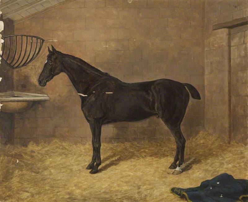 Wikioo.org - The Encyclopedia of Fine Arts - Painting, Artwork by Herbert D Atkinson - 'Blackbird', a Dark Bay, in a Stable
