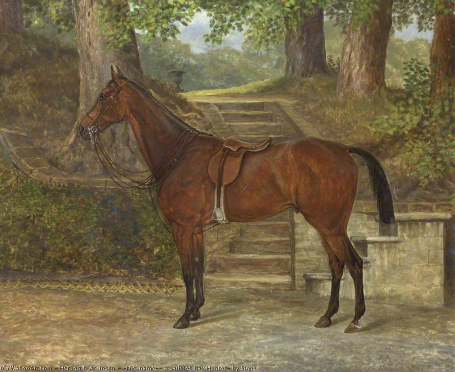 Wikioo.org - The Encyclopedia of Fine Arts - Painting, Artwork by Herbert D Atkinson - 'Nickname', a Saddled Bay Hunter, by Steps