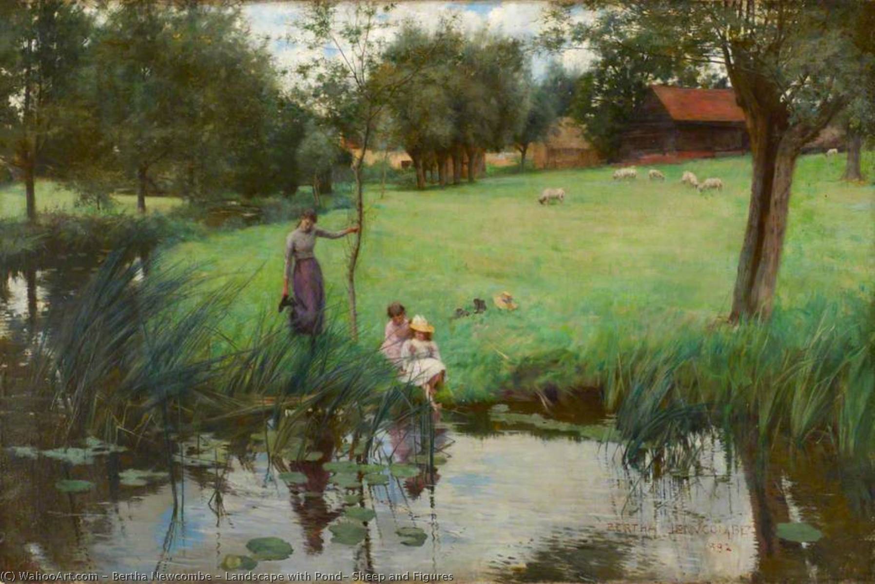 Wikioo.org - The Encyclopedia of Fine Arts - Painting, Artwork by Bertha Newcombe - Landscape with Pond, Sheep and Figures