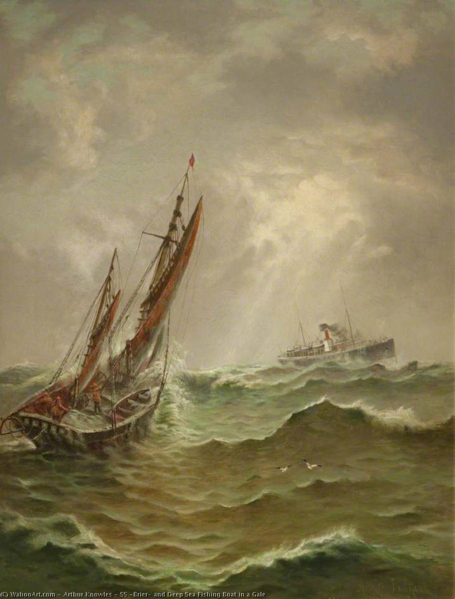 Wikioo.org - The Encyclopedia of Fine Arts - Painting, Artwork by Arthur Knowles - SS 'Brier' and Deep Sea Fishing Boat in a Gale