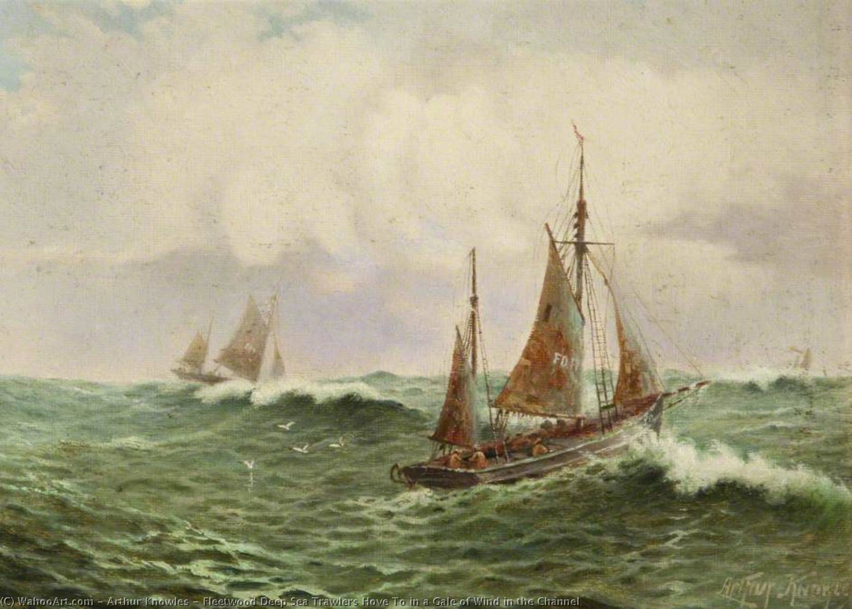 Wikioo.org - The Encyclopedia of Fine Arts - Painting, Artwork by Arthur Knowles - Fleetwood Deep Sea Trawlers Hove To in a Gale of Wind in the Channel