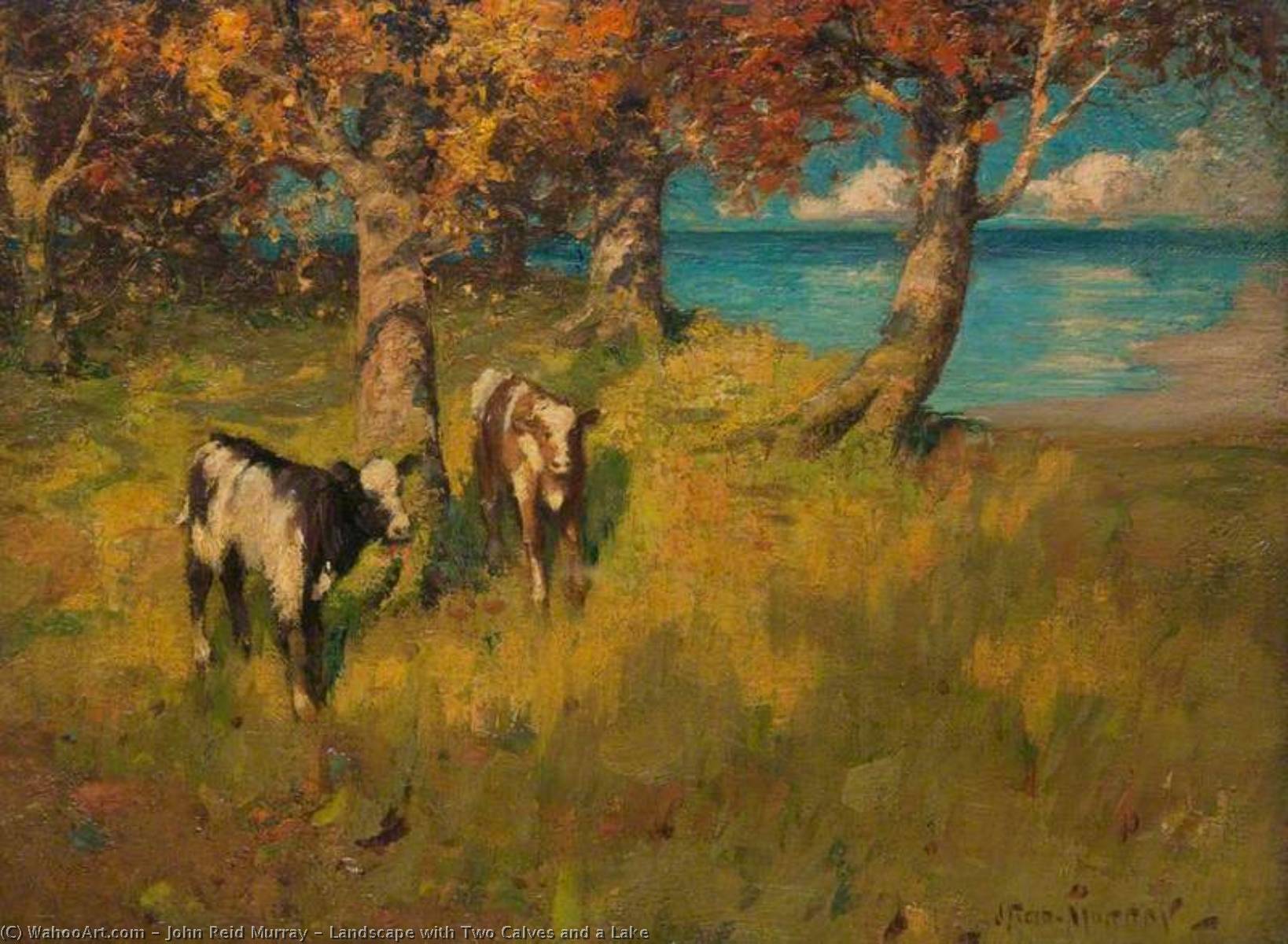 WikiOO.org - Енциклопедия за изящни изкуства - Живопис, Произведения на изкуството John Reid Murray - Landscape with Two Calves and a Lake