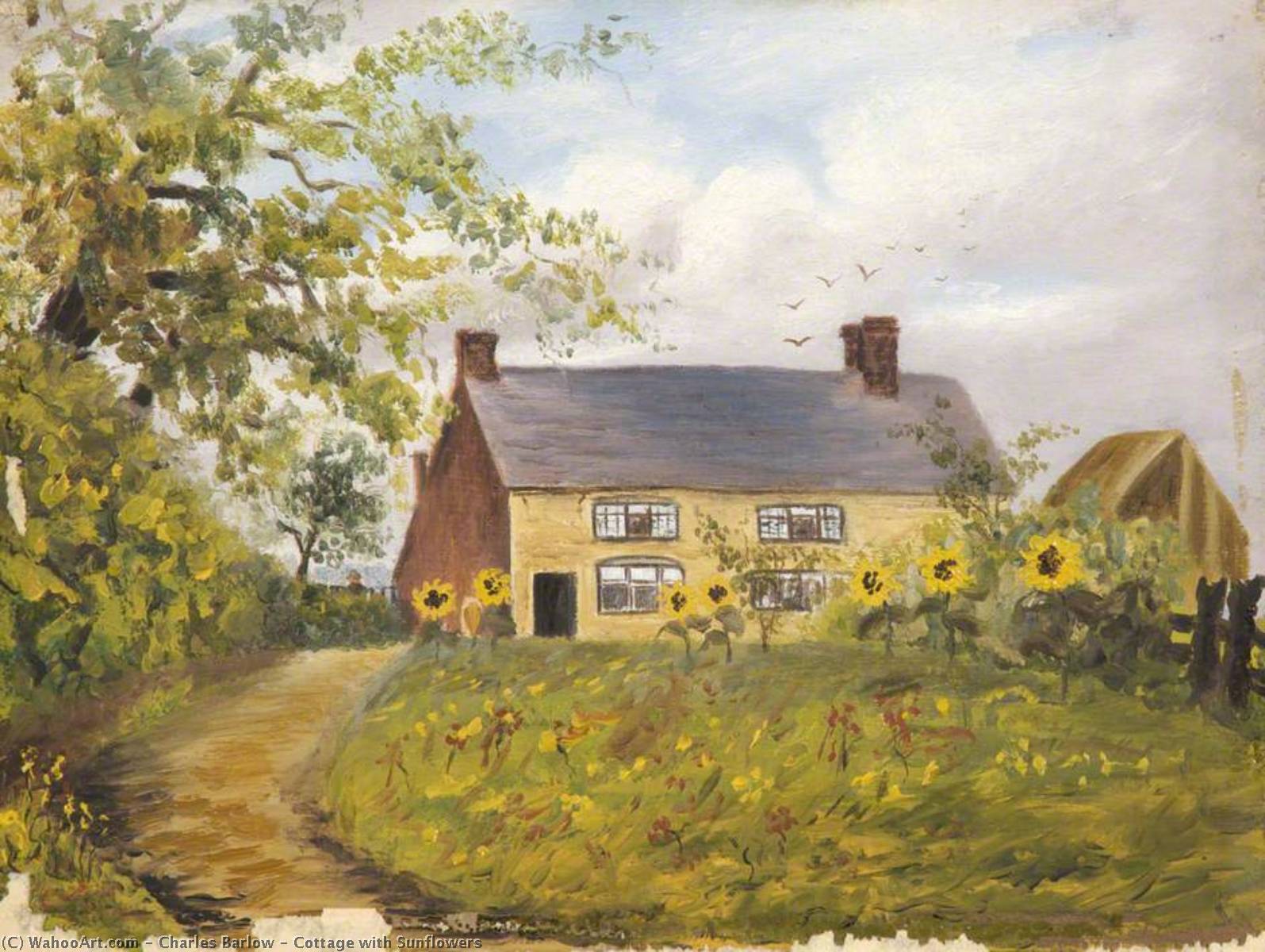 Wikioo.org - The Encyclopedia of Fine Arts - Painting, Artwork by Charles Barlow - Cottage with Sunflowers